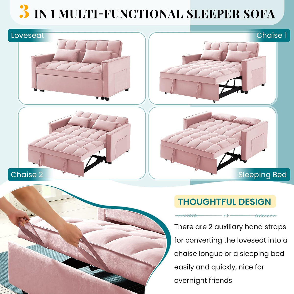 Pink Velvet Convertible Sleeper Sofa Bed U343907