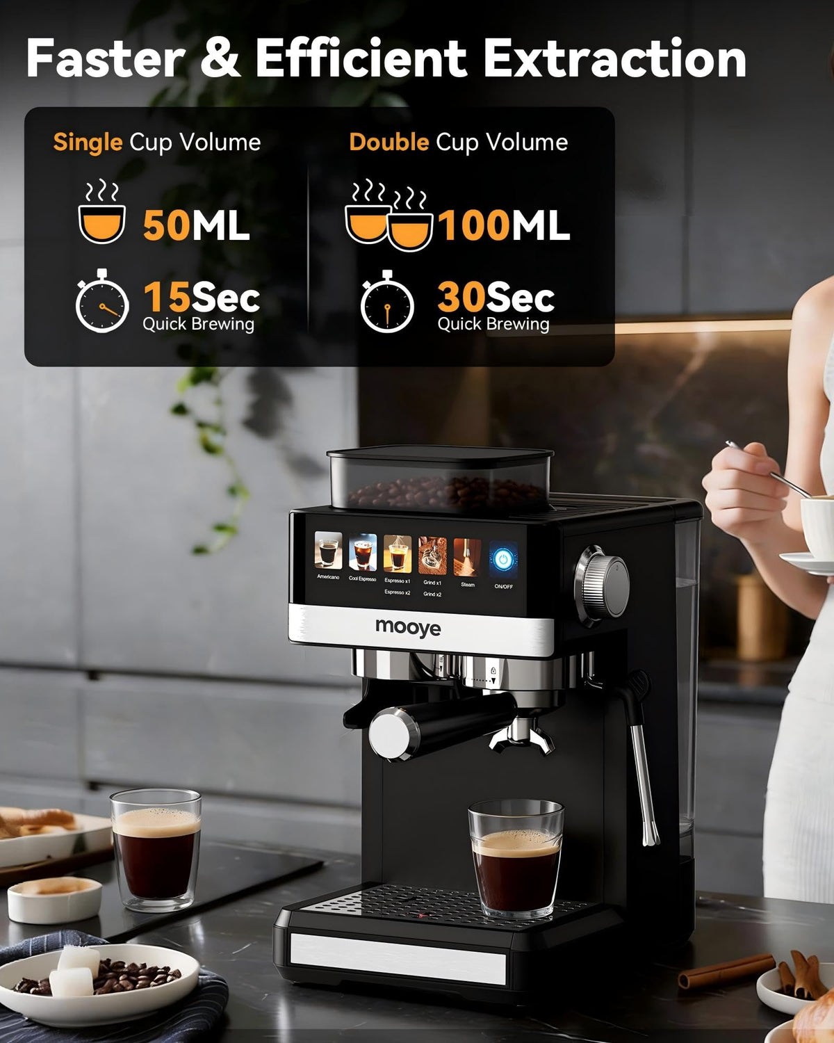 20Bar Compact Espresso Machine with Grinder and Steam Milk Frother W1585
