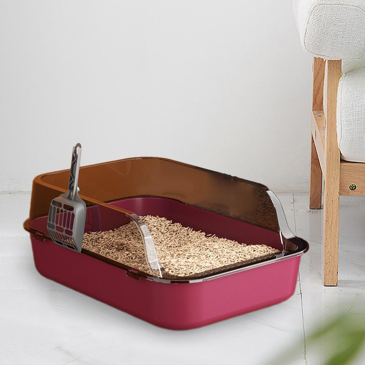 Open Top Sifting Litter Box High Sided Portable Semi Enclosed Pink S432873