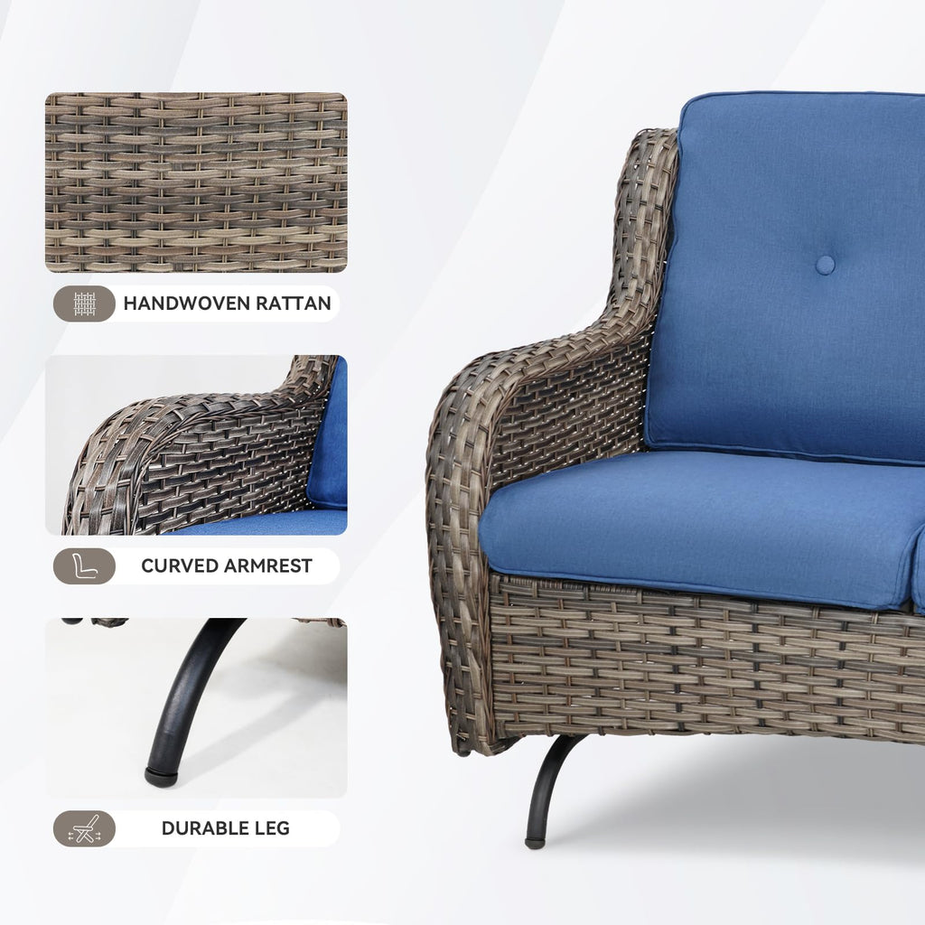 Grey Wicker Rattan Loveseat Glider with Blue Cushions F1941