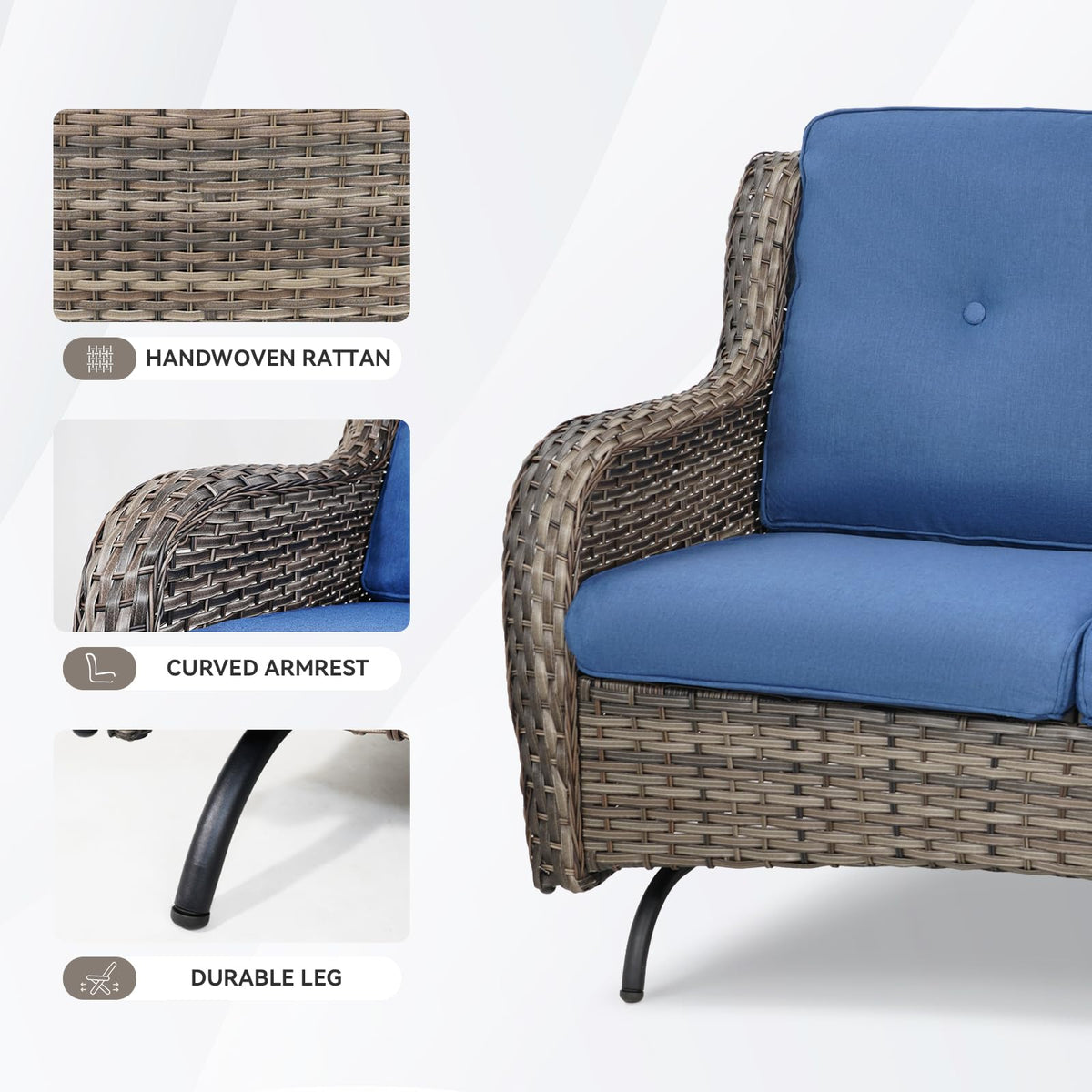 Grey Wicker Rattan Loveseat Glider with Blue Cushions F1941