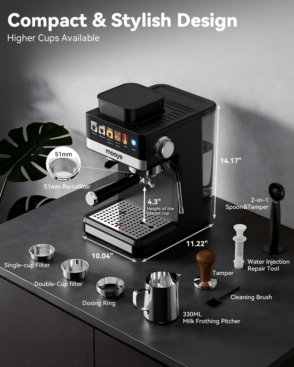 20Bar Compact Espresso Machine with Grinder and Steam Milk Frother W1585