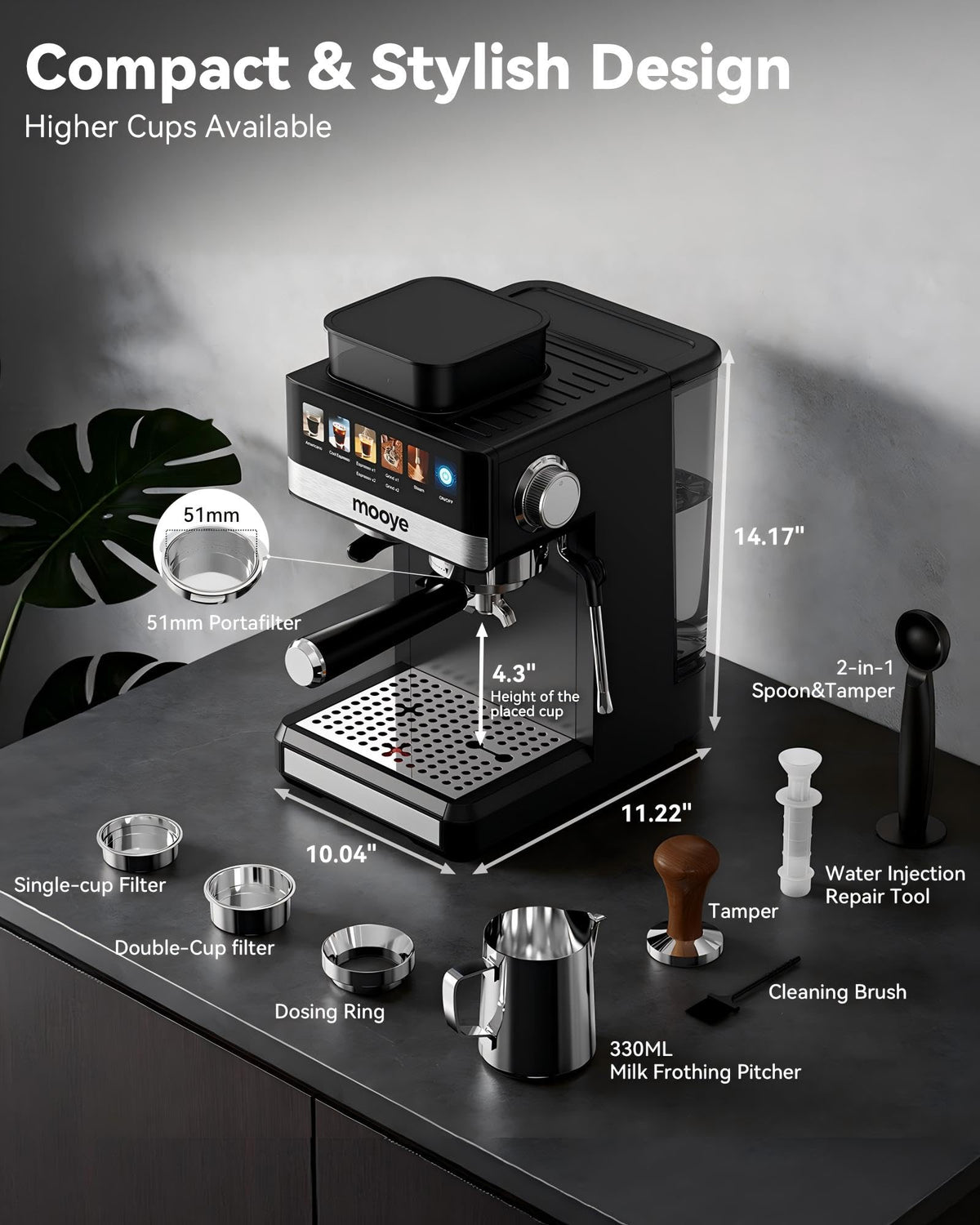 20Bar Compact Espresso Machine with Grinder and Steam Milk Frother W1585