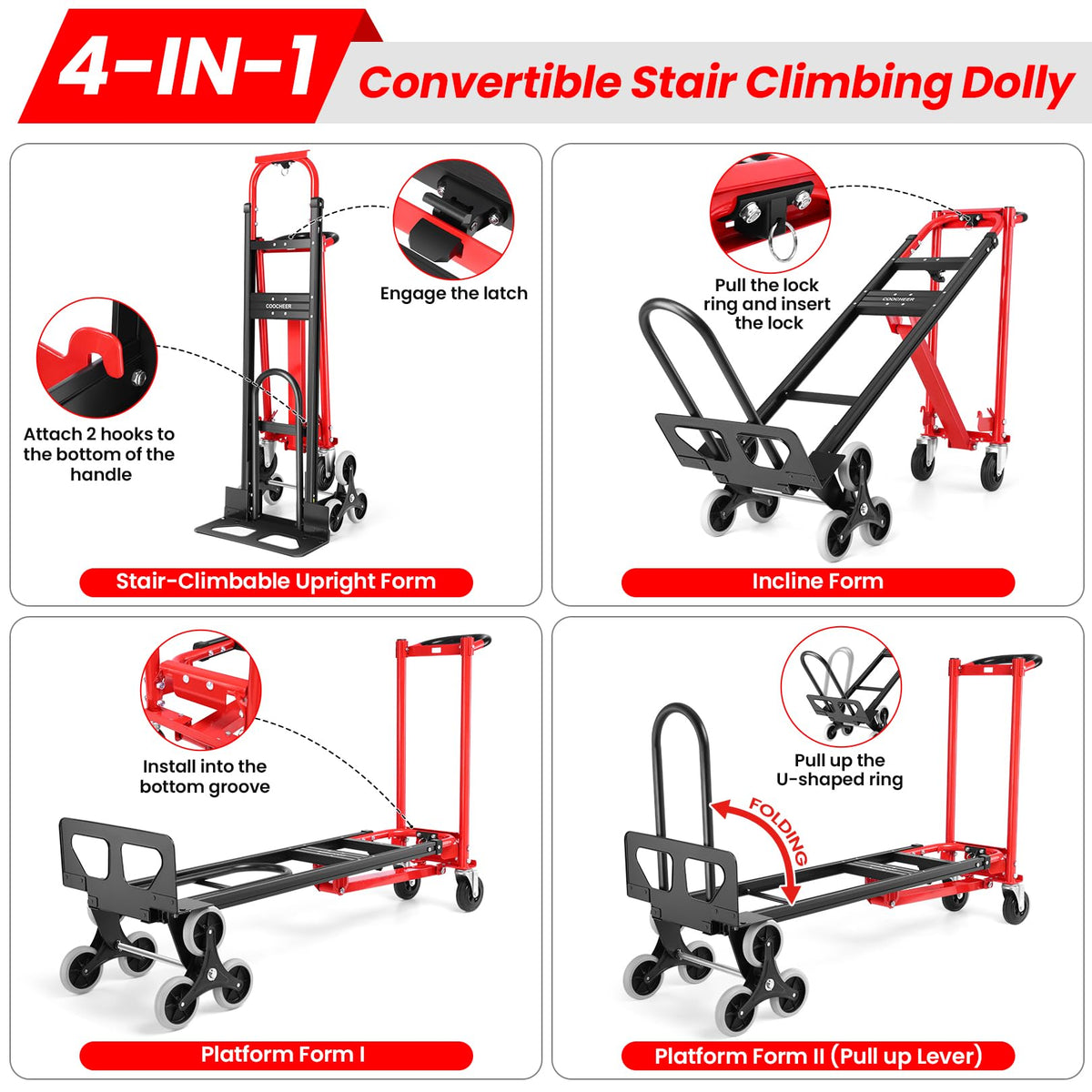 Heavy Duty 1000LBS 3 in 1 Convertible Folding Hand Truck Dolly Cart with Solid Wheels M4409