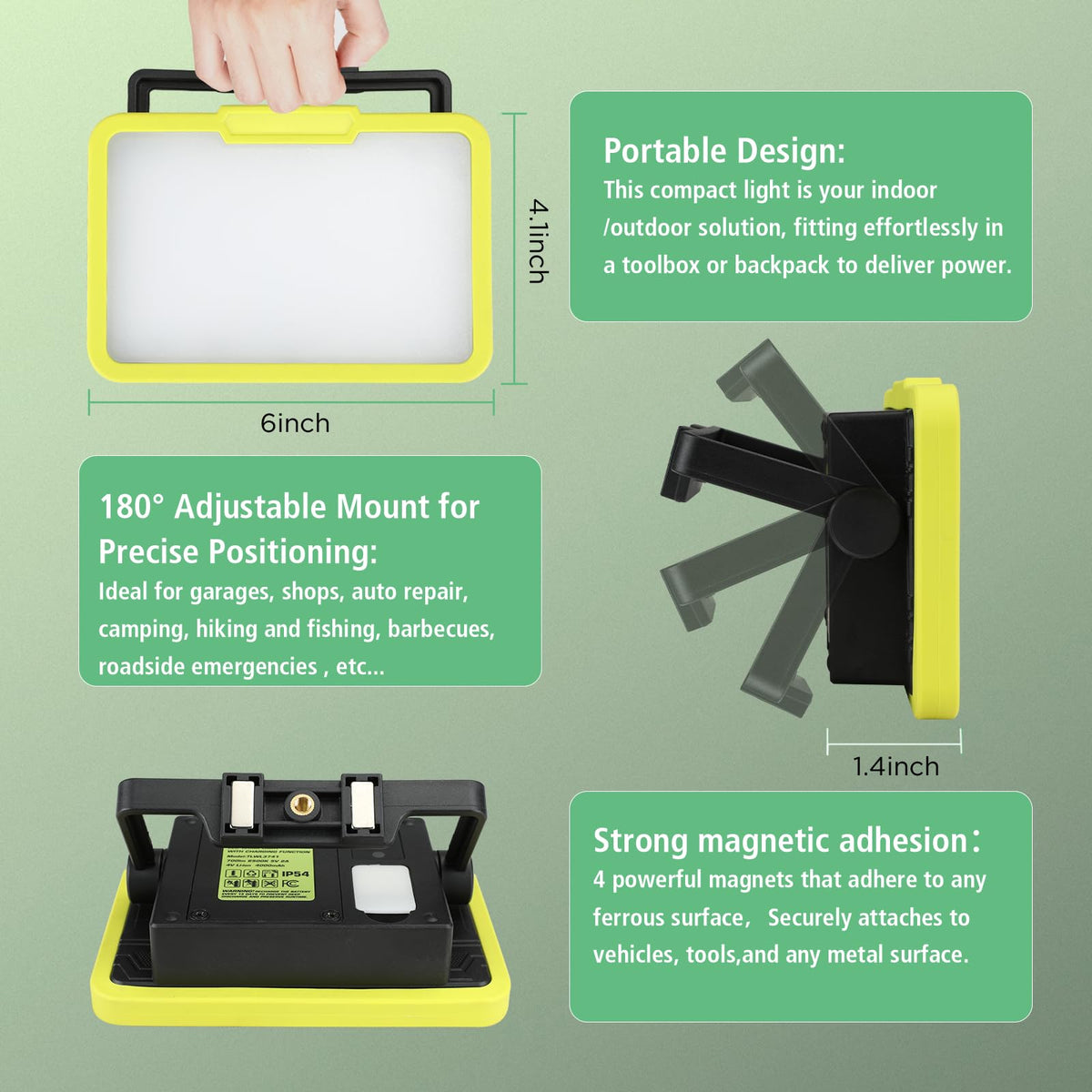 LED Work Light, Rechargeable, 700 LM Magnetic Portable Flood Light with Adjustable Stand, IP54 Waterproof, 3 Lighting Modes with Emergency SOS, 1Pack A9070