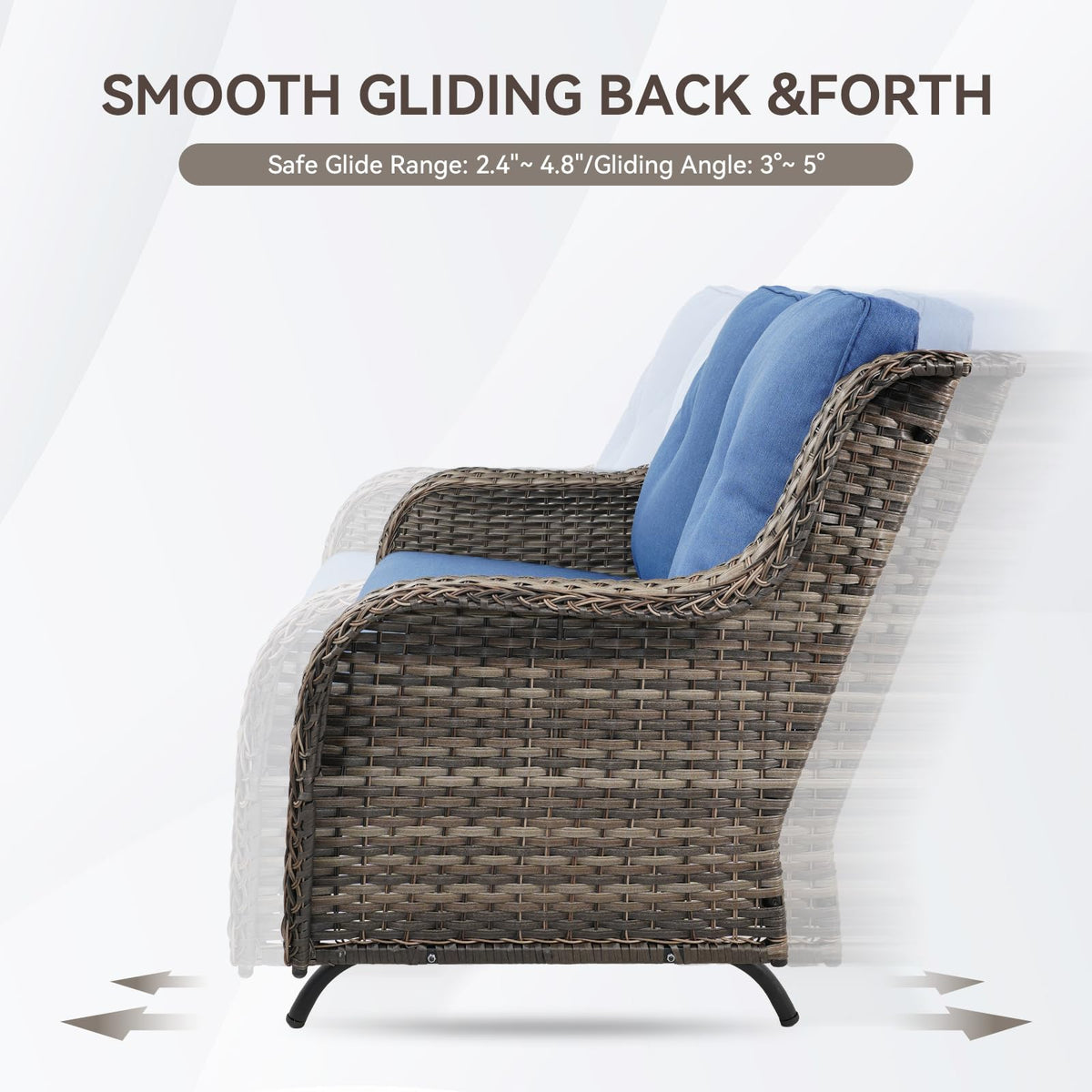Grey Wicker Rattan Loveseat Glider with Blue Cushions F1941