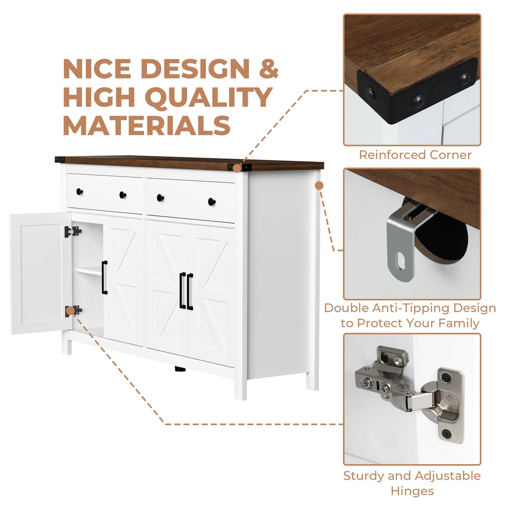 White Wood Buffet Cabinet with 2 Drawers and 4 Barn Doors C69663