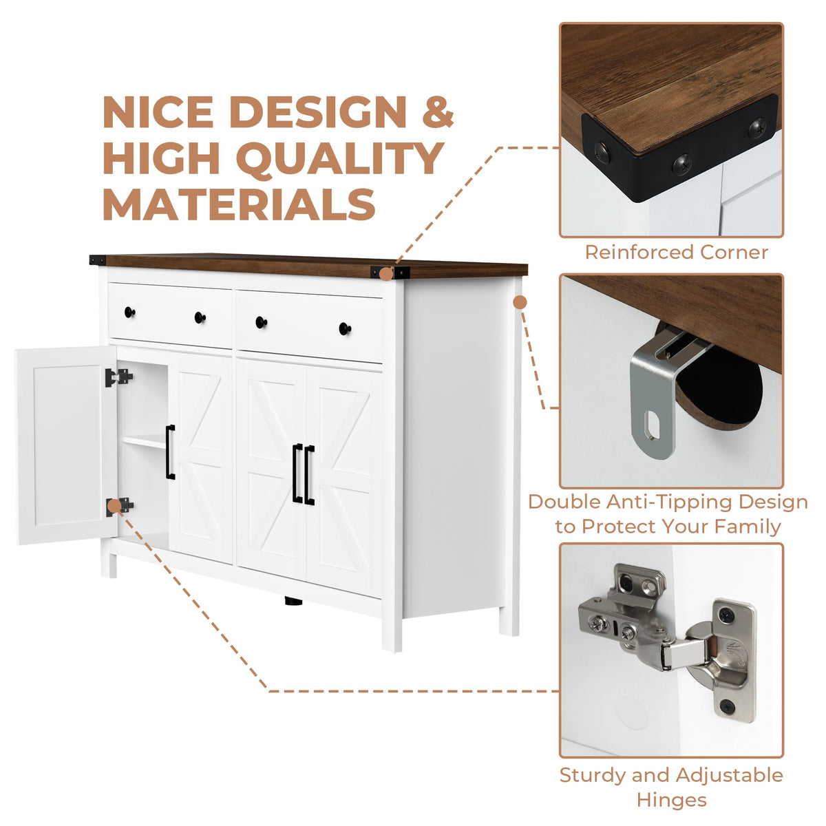 White Wood Buffet Cabinet with 2 Drawers and 4 Barn Doors C69663