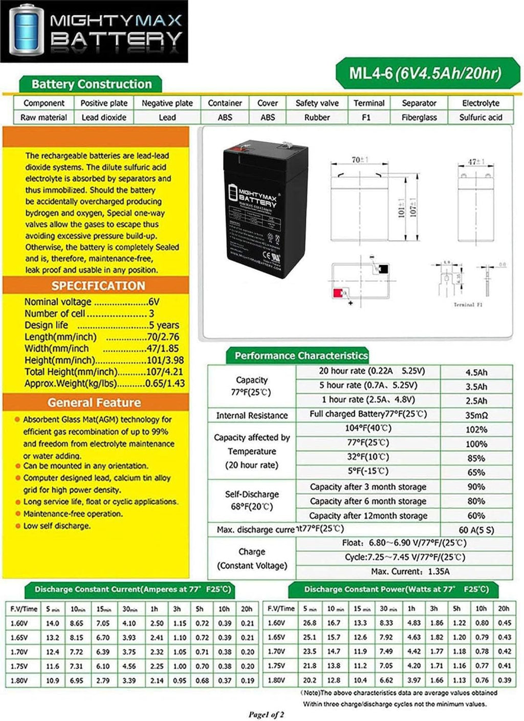 6V 4.5AH Replacement Battery 4 Pack P103
