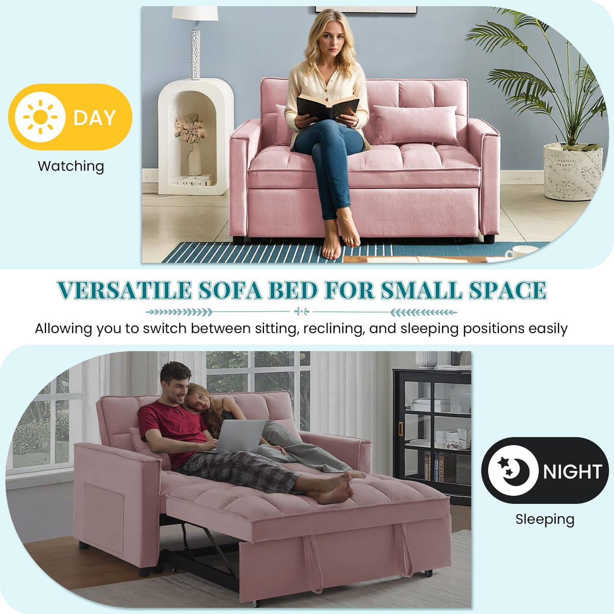 Pink Velvet Convertible Sleeper Sofa Bed U343907