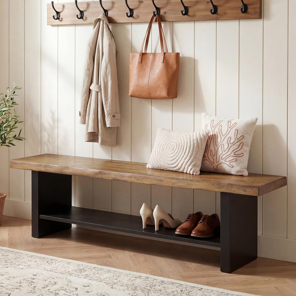 55" Solid Wood 2-Tier Shoe Storage Bench E286
