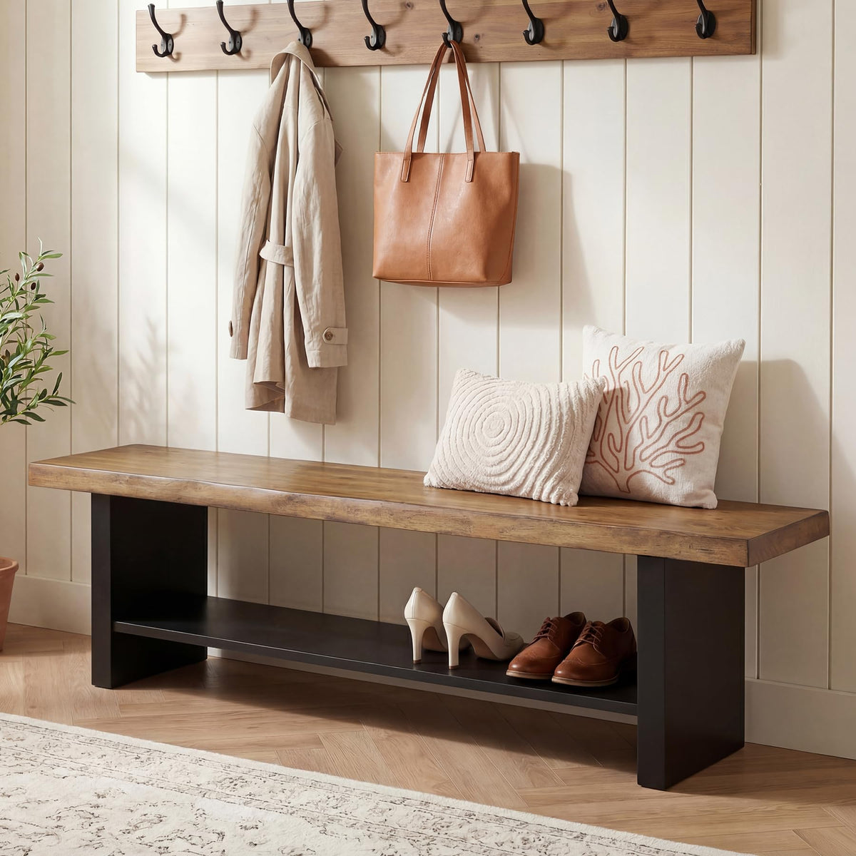 55" Solid Wood 2-Tier Shoe Storage Bench E286