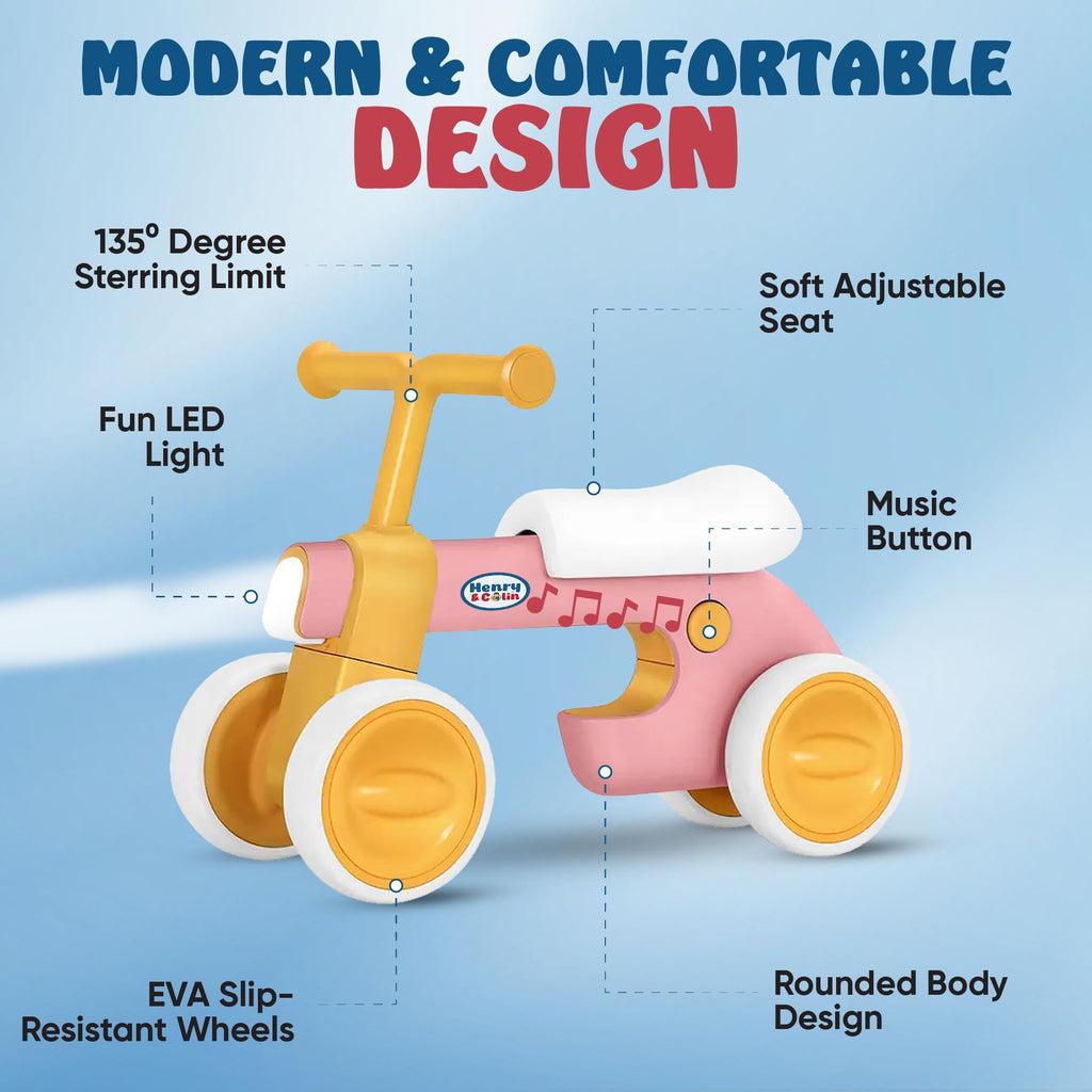 4 Wheel Toddler Balance Bike with Lights Music Soft Seat Pink Y840875