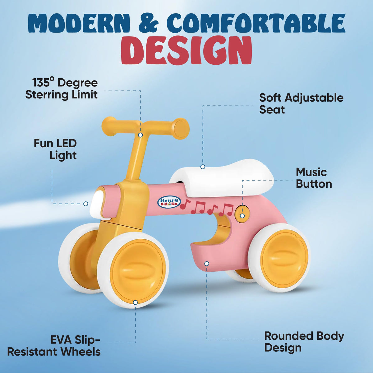 4 Wheel Toddler Balance Bike with Lights Music Soft Seat Pink Y840875