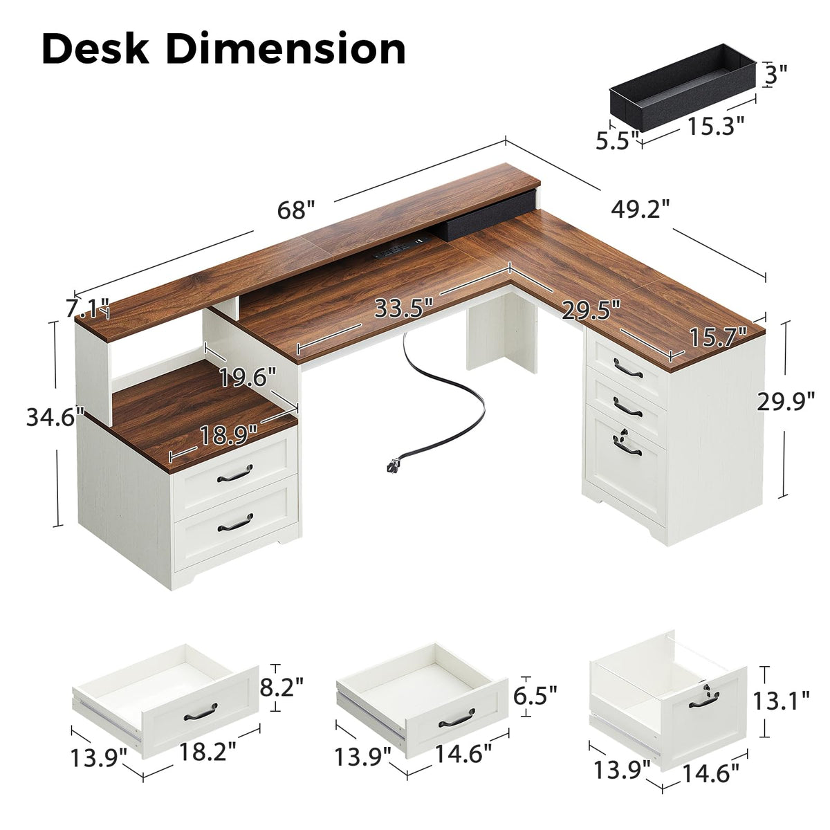 68 Inch L Shaped Executive Desk with Drawers W733