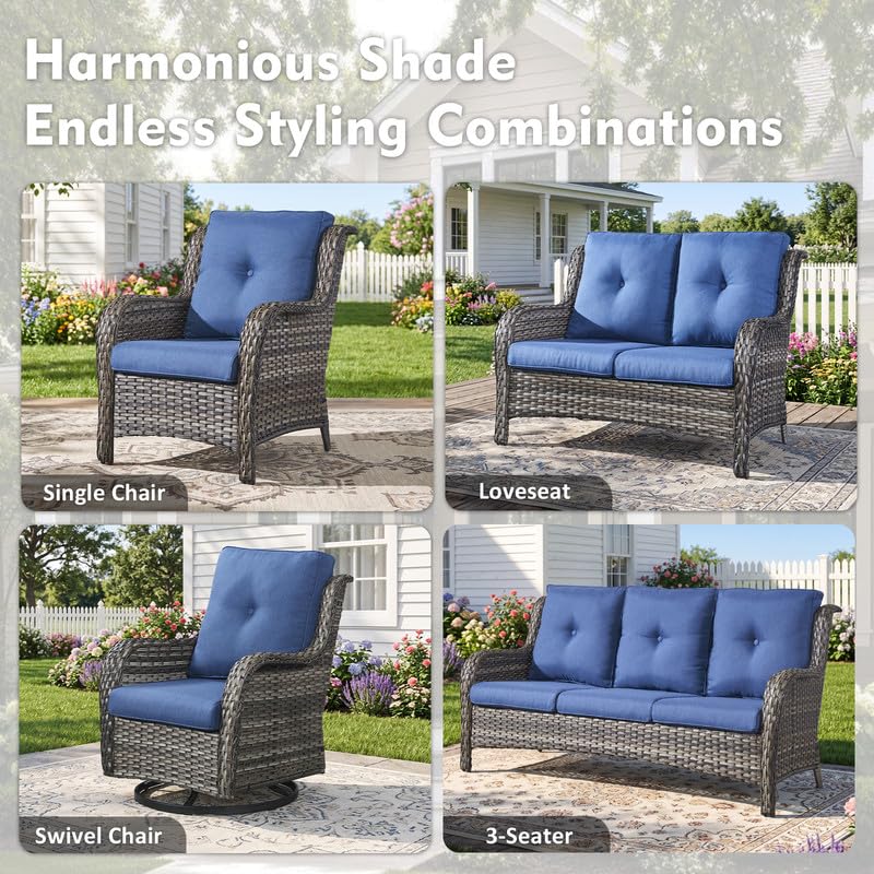 5 Pieces Outdoor Wicker Patio Furniture Set with Ottoman Blue M60659