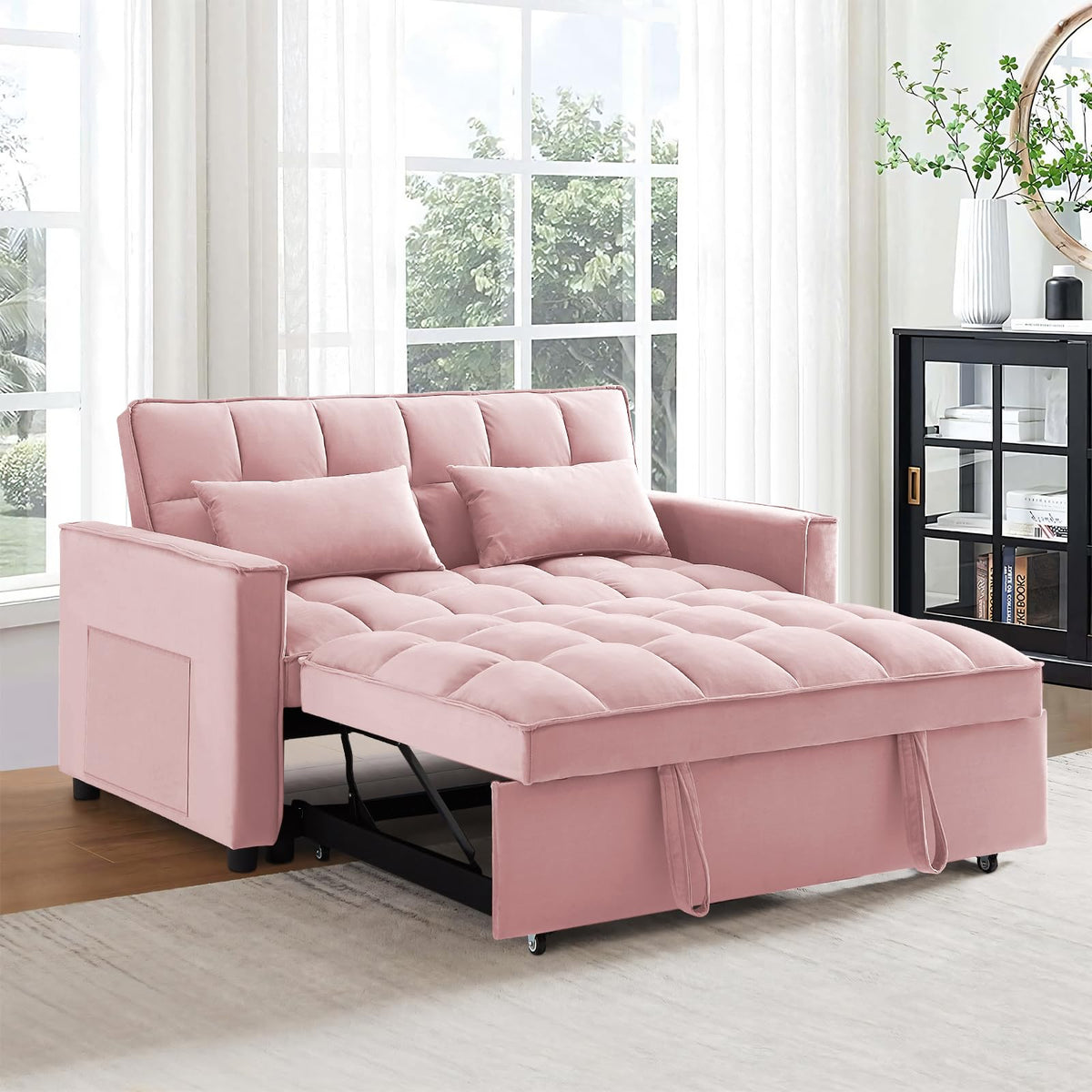 Pink Velvet Convertible Sleeper Sofa Bed U343907