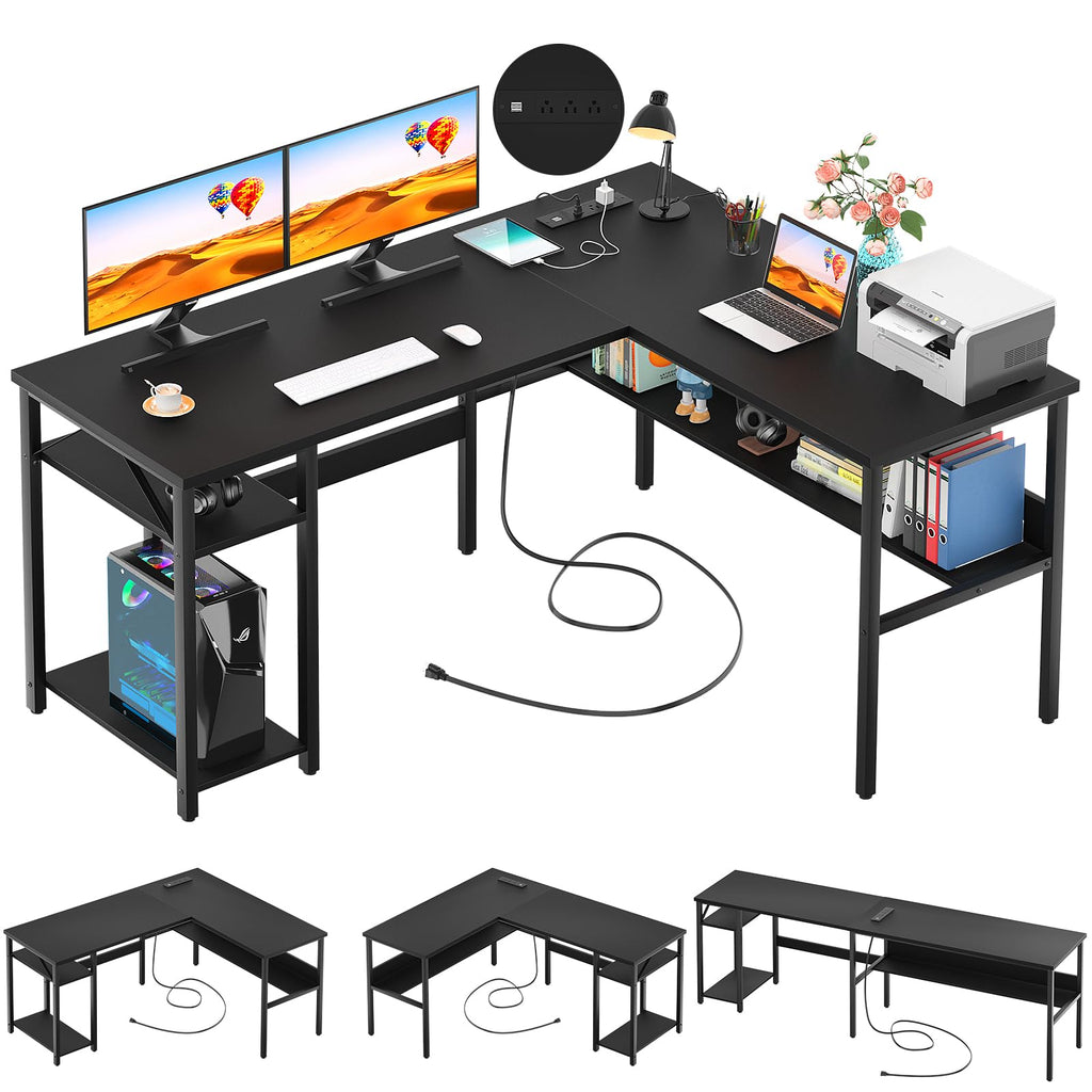 Black Reversible L Shaped Computer Desk with Power Outlets and Storage Shelves O755724