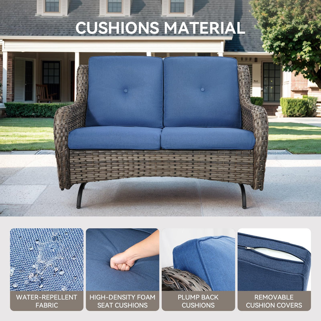 Grey Wicker Rattan Loveseat Glider with Blue Cushions F1941