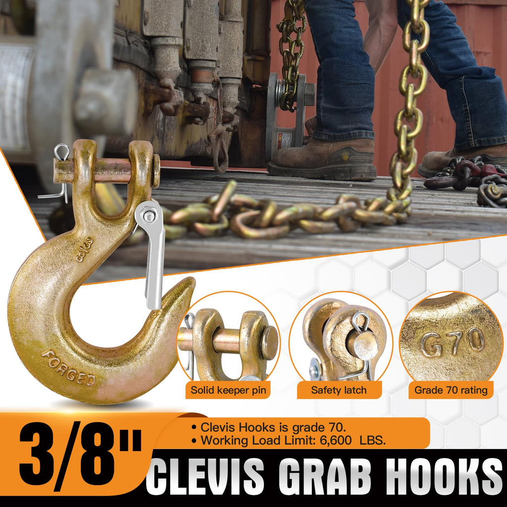 2 Pack 3/8" G70 Clevis Slip Hooks with Safety Latch M3018