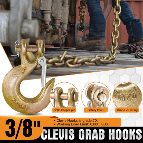2 Pack 3/8" G70 Clevis Slip Hooks with Safety Latch M3018