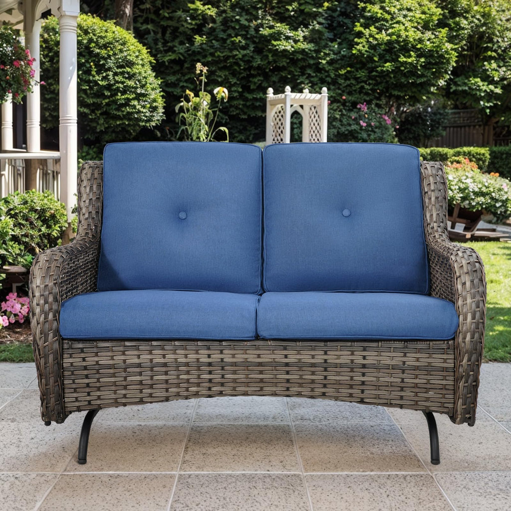Grey Wicker Rattan Loveseat Glider with Blue Cushions F1941