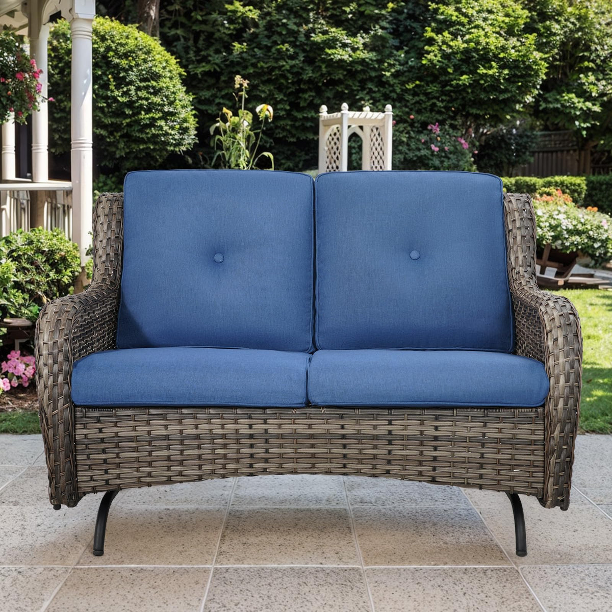 Grey Wicker Rattan Loveseat Glider with Blue Cushions F1941