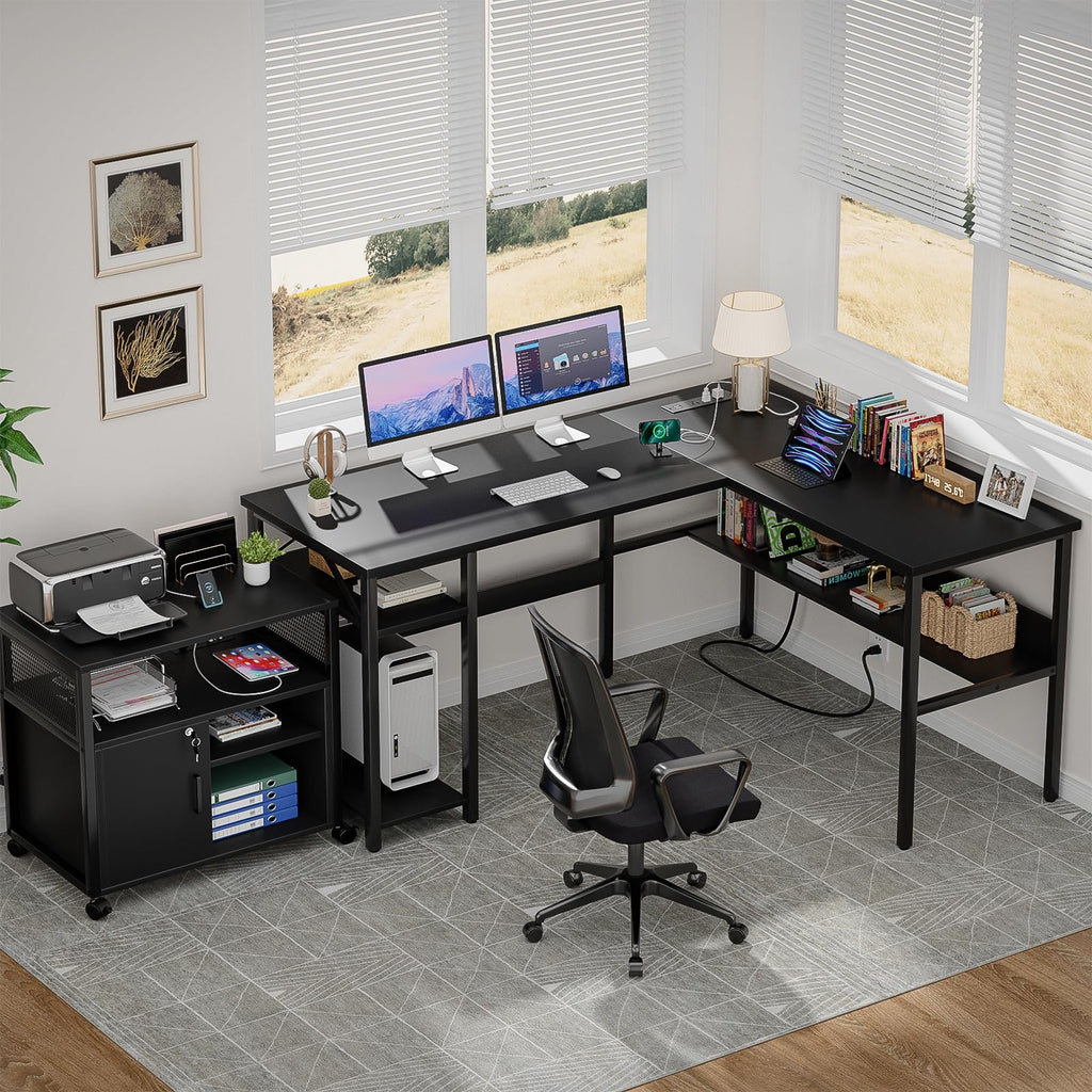 Black Reversible L Shaped Computer Desk with Power Outlets and Storage Shelves O755724