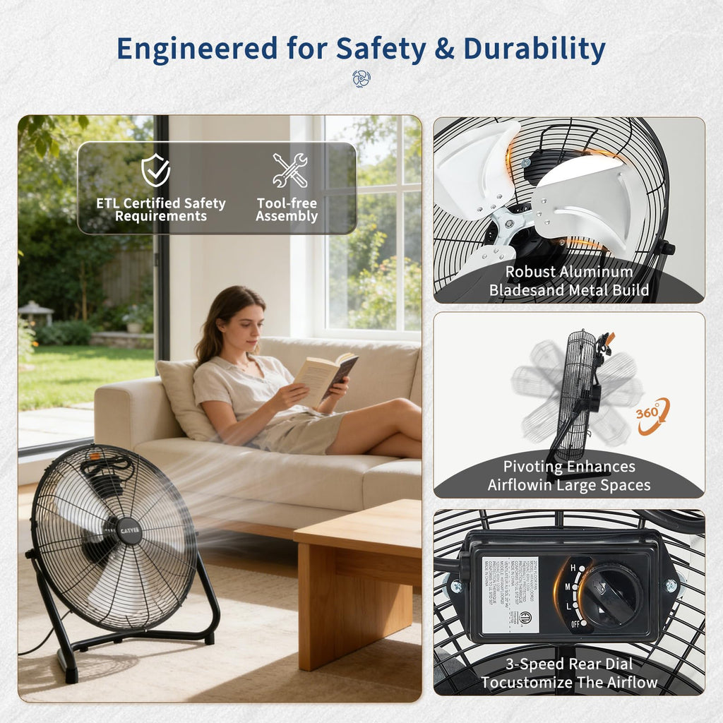20 Inch 3 Speeds High Velocity Metal Floor Fan T1064