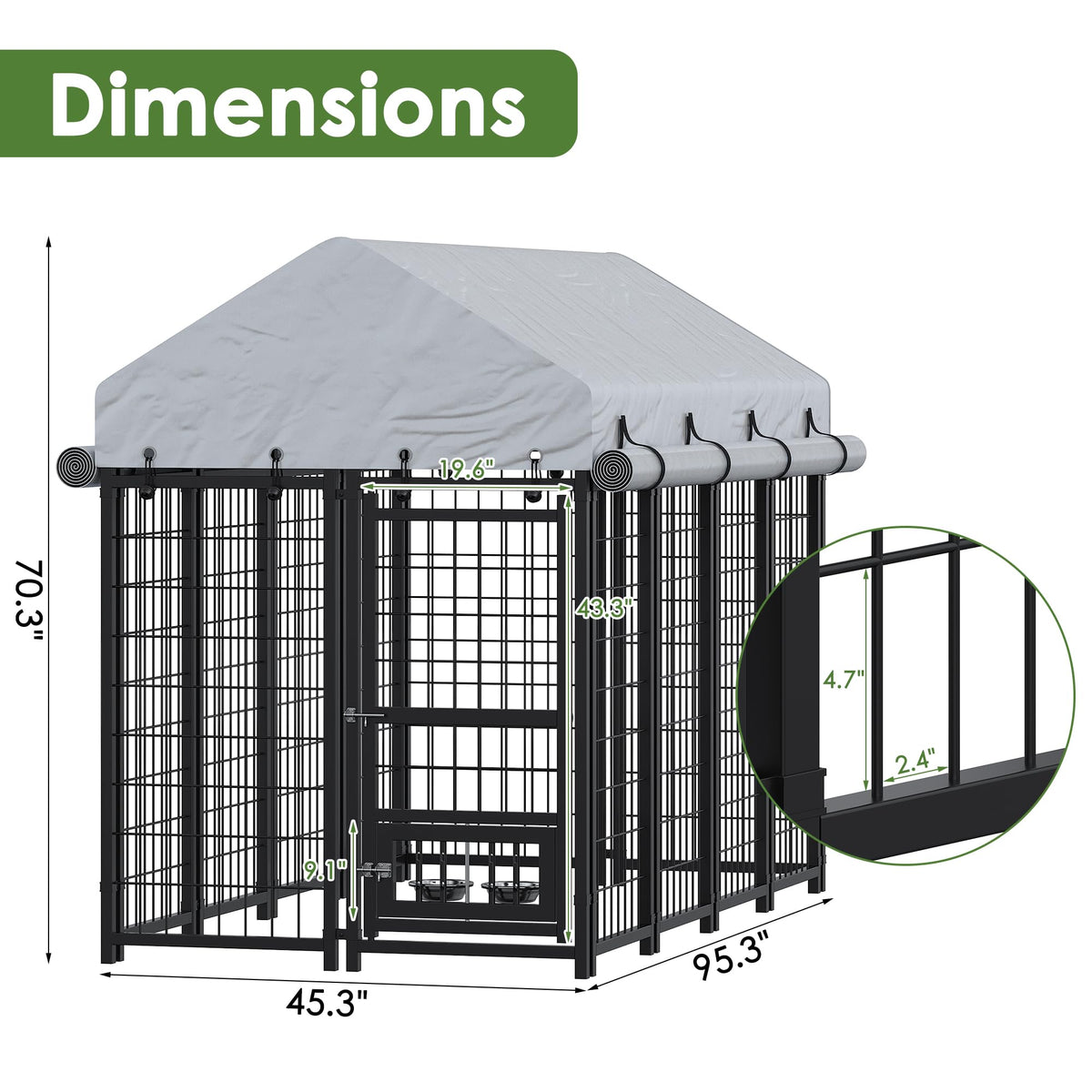 8x4x6 FT Metal Dog Kennel with 2 Dog Bowls E2797