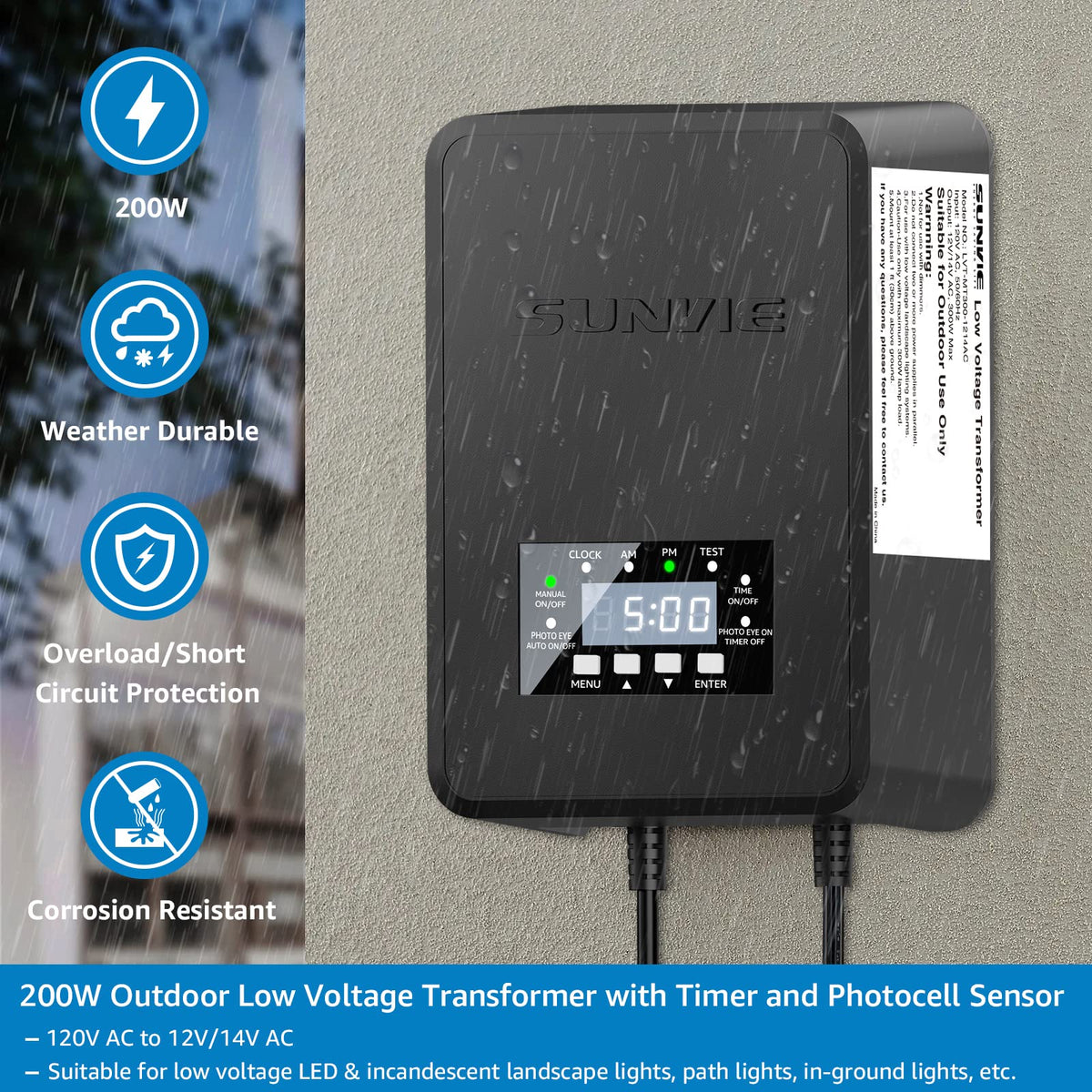 200W Landscape Lighting Transformer with Timer and Photocell Sensor Y4220