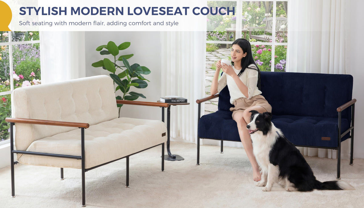 Loveseat Sofa Chair with Metal Frame and Wood Armrests E624