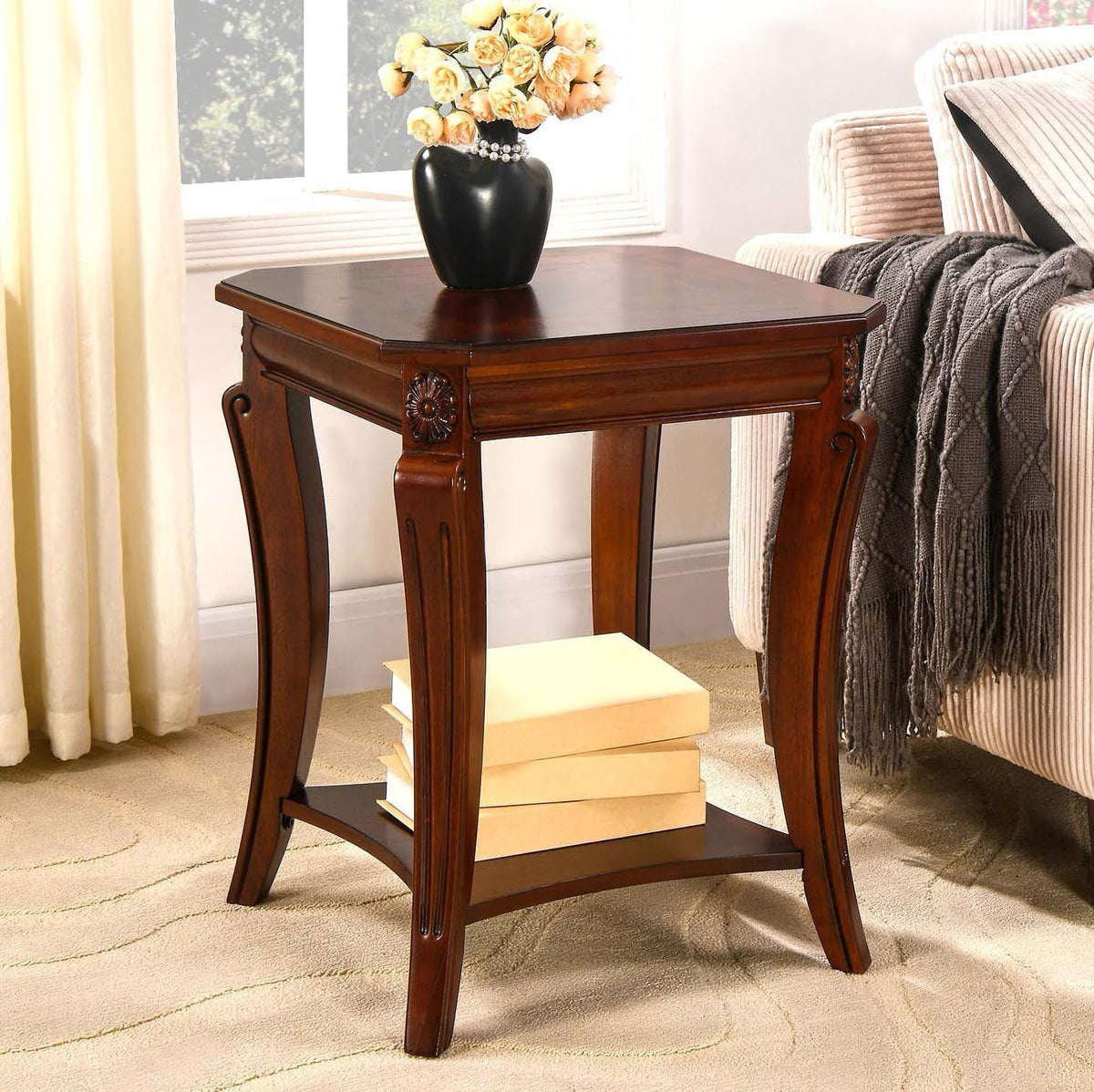 Cherry Brown Side Table with Storage Shelf Q148