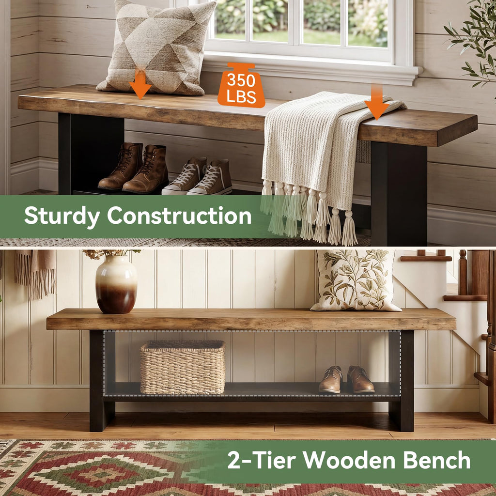 55" Solid Wood 2-Tier Shoe Storage Bench E286