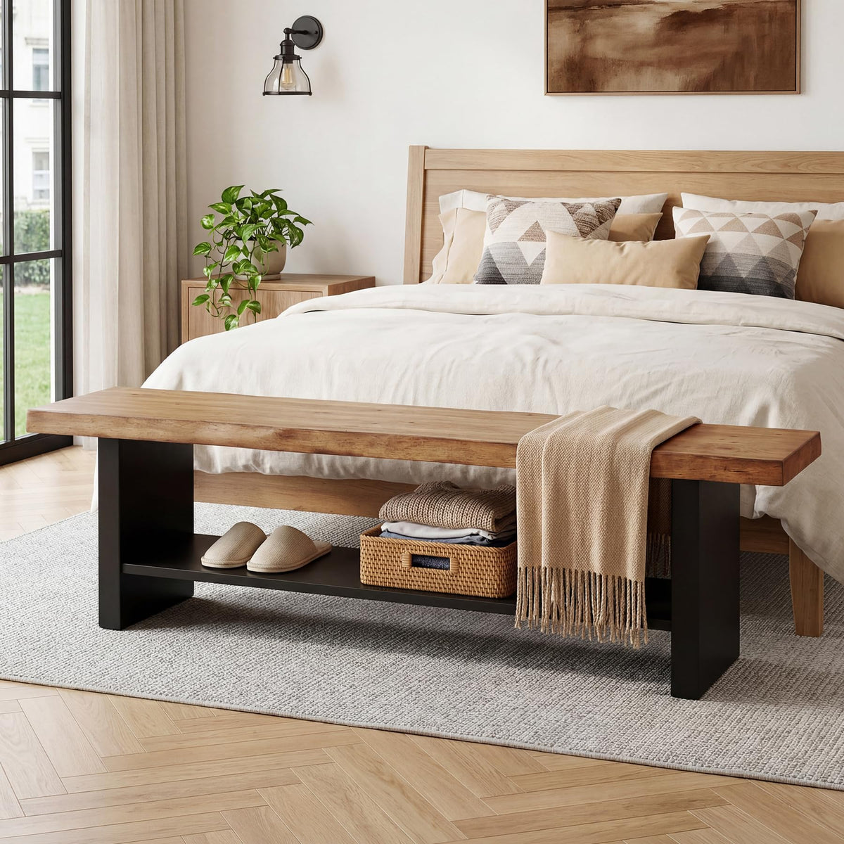 55" Solid Wood 2-Tier Shoe Storage Bench E286