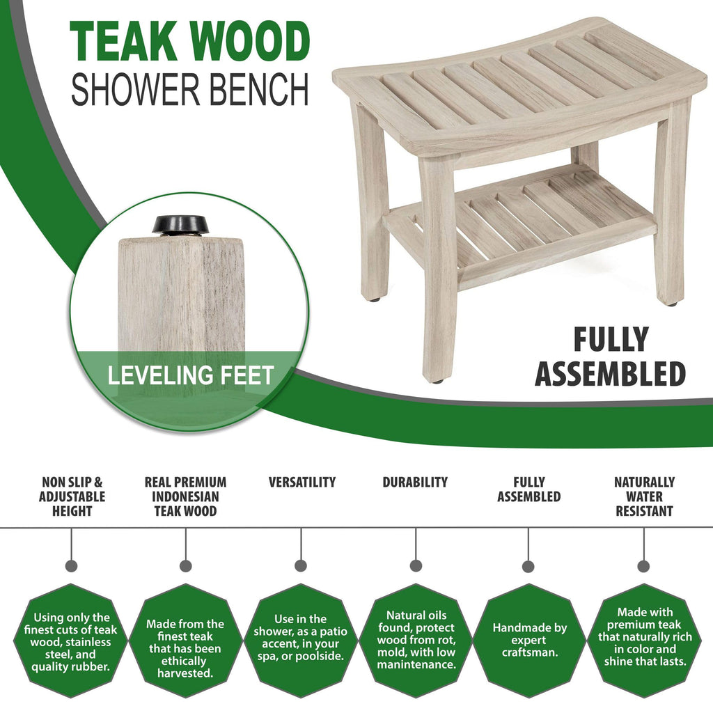 Gray Teak Shower Bench with Shelf 21 Inch X99691