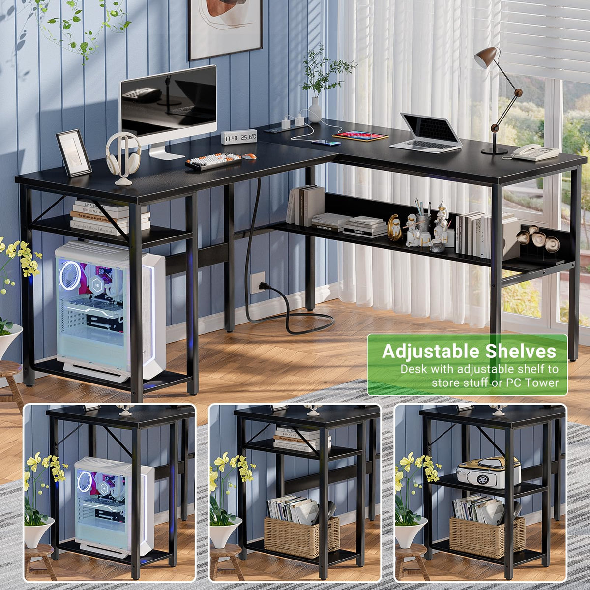 Black Reversible L Shaped Computer Desk with Power Outlets and Storage Shelves O755724
