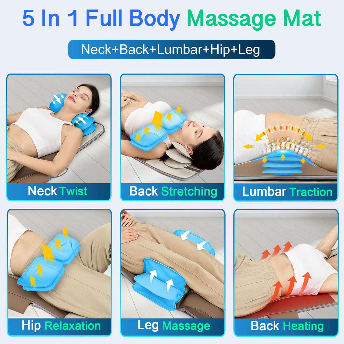 Full Body Massage Mat with Airbags Stretching & Heating, 3D Lumbar Traction, 4 Modes 3 Intensities 3 Heat Levels, PU Leather, Portable & Foldable W339