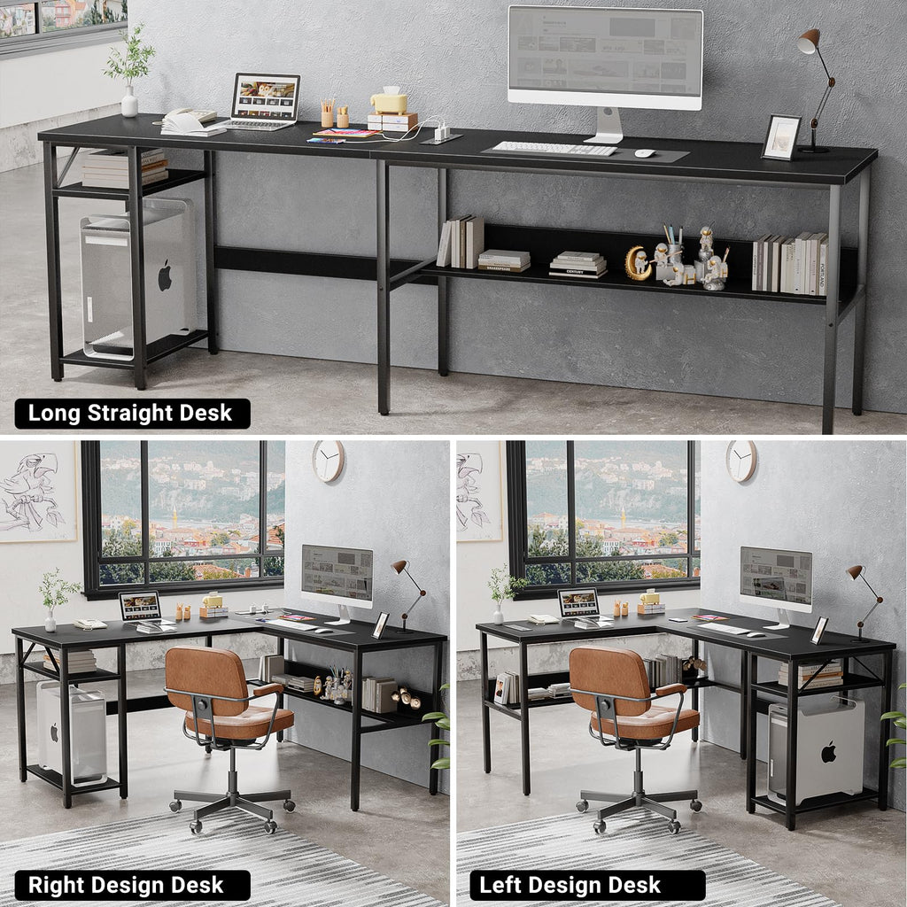 Black Reversible L Shaped Computer Desk with Power Outlets and Storage Shelves O755724
