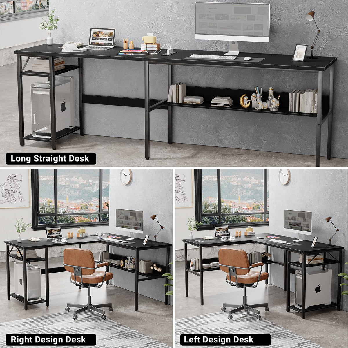 Black Reversible L Shaped Computer Desk with Power Outlets and Storage Shelves O755724