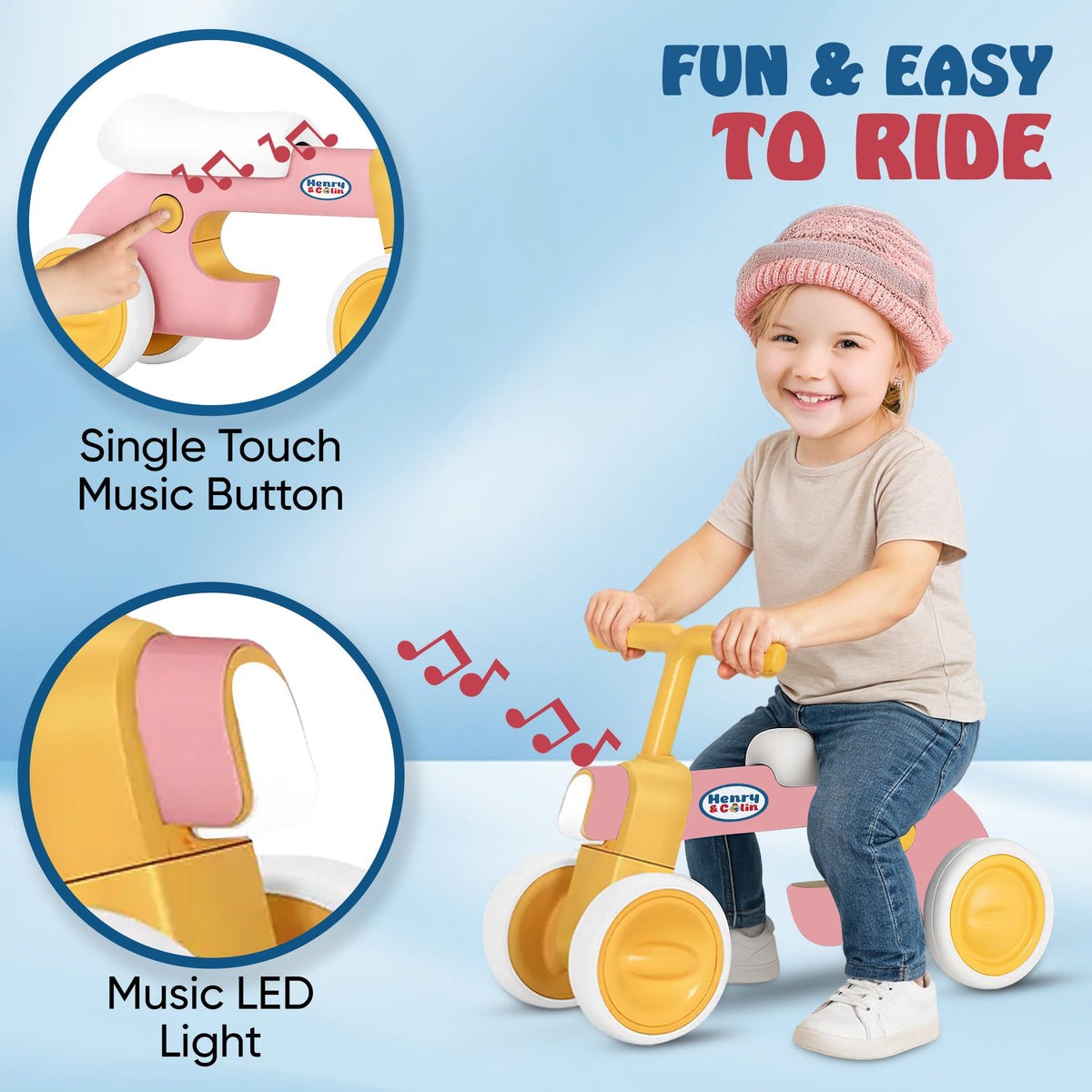 4 Wheel Toddler Balance Bike with Lights Music Soft Seat Pink Y840875