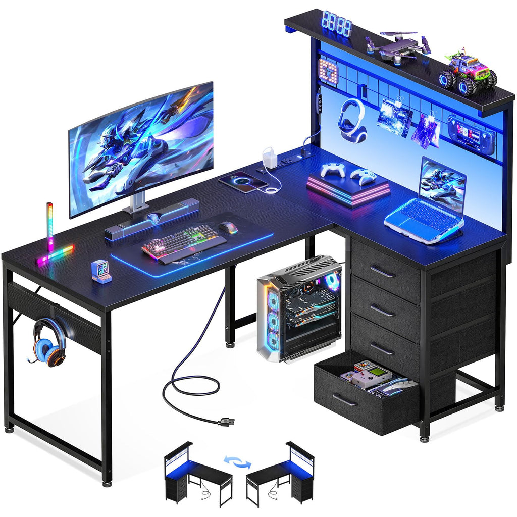 43" L Shaped Gaming Desk with Shelf & 4 Drawers P940721