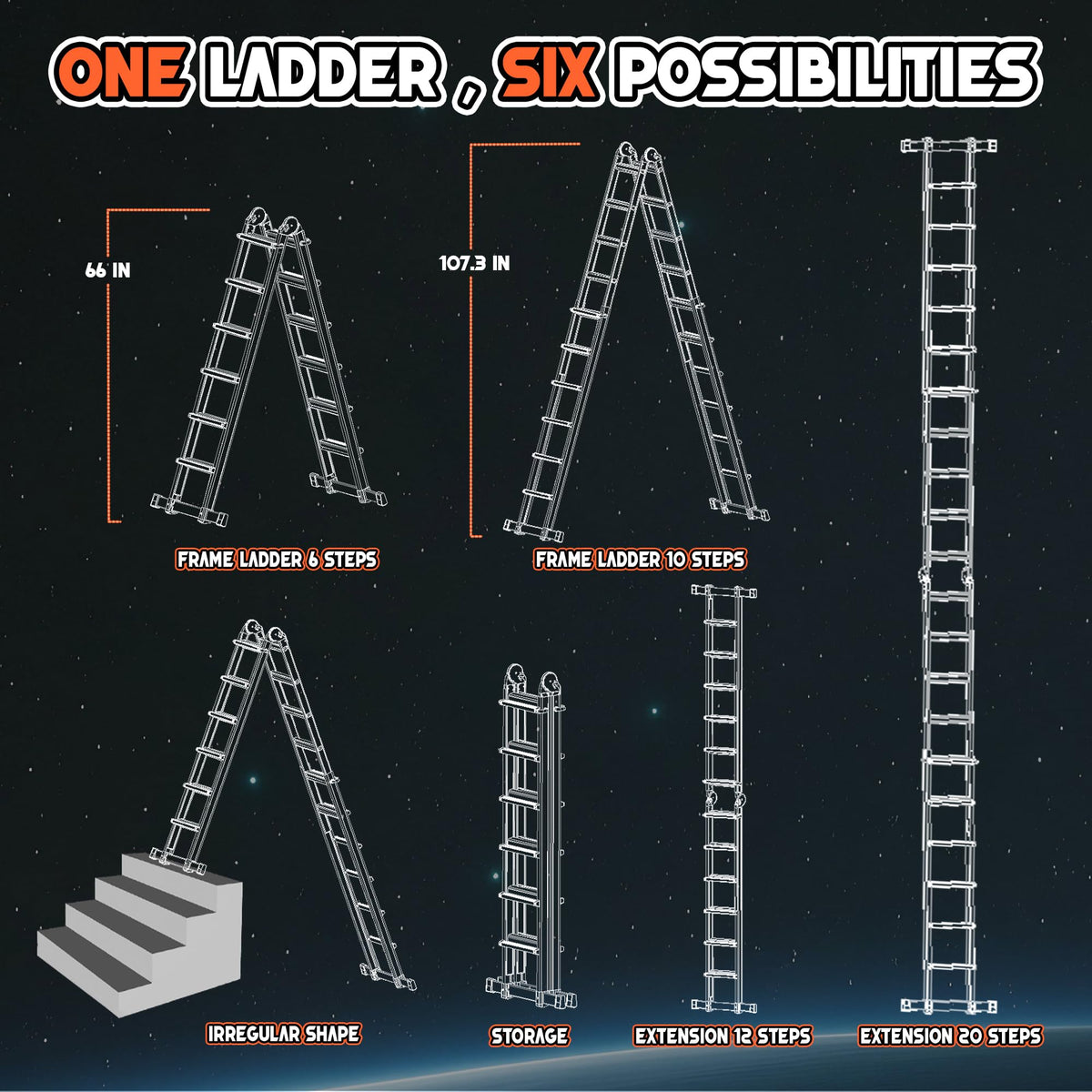 Telescoping Ladder, 22.5 Ft A Frame Anti-Slip Multi Position O937
