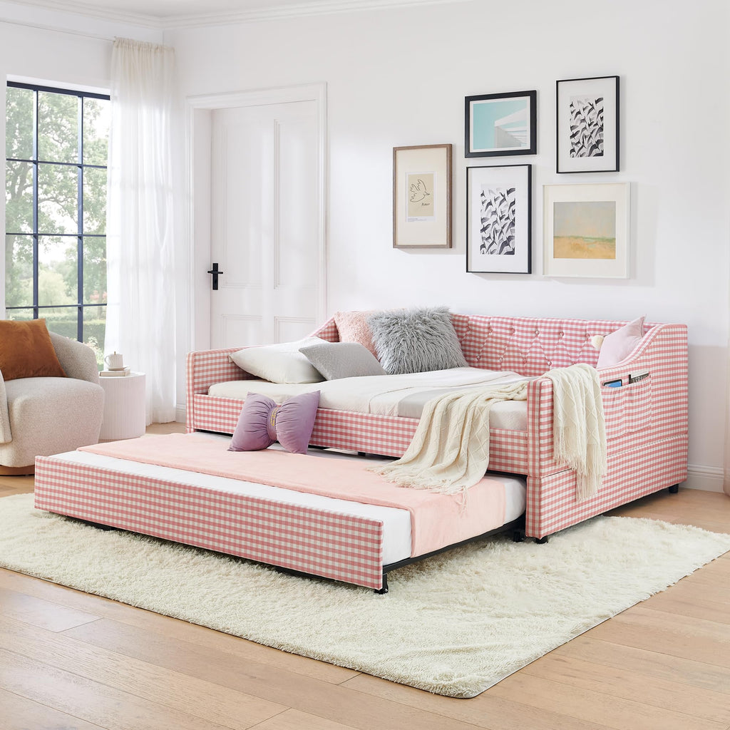 Full Size Upholstered Daybed with Trundle and Side Pocket X65611