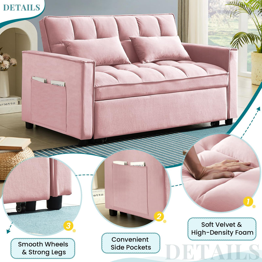 Pink Velvet Convertible Sleeper Sofa Bed U343907