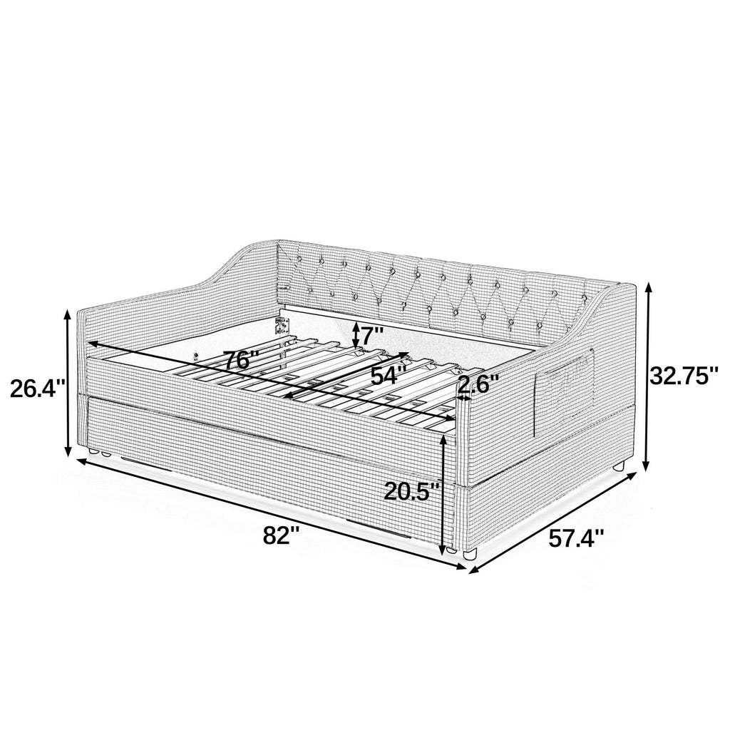 Full Size Upholstered Daybed with Trundle and Side Pocket X65611