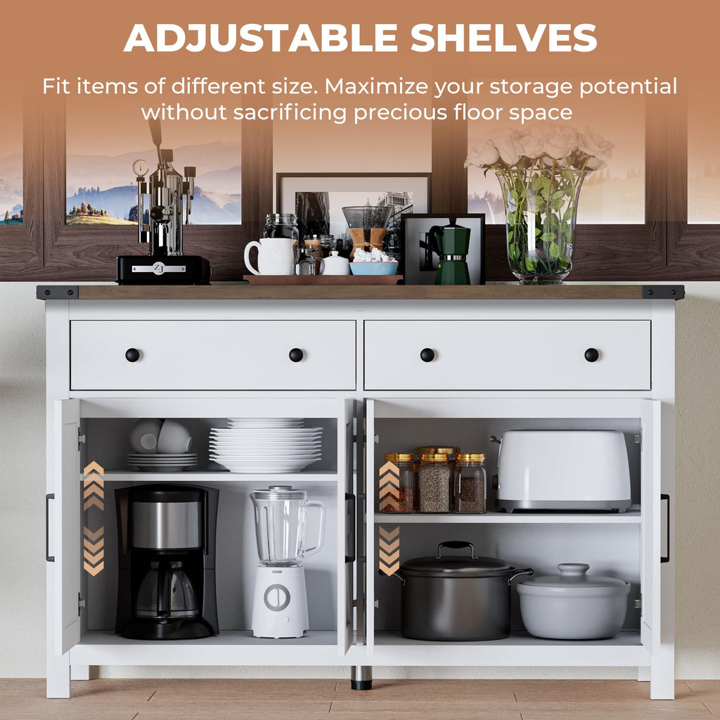 White Wood Buffet Cabinet with 2 Drawers and 4 Barn Doors C69663