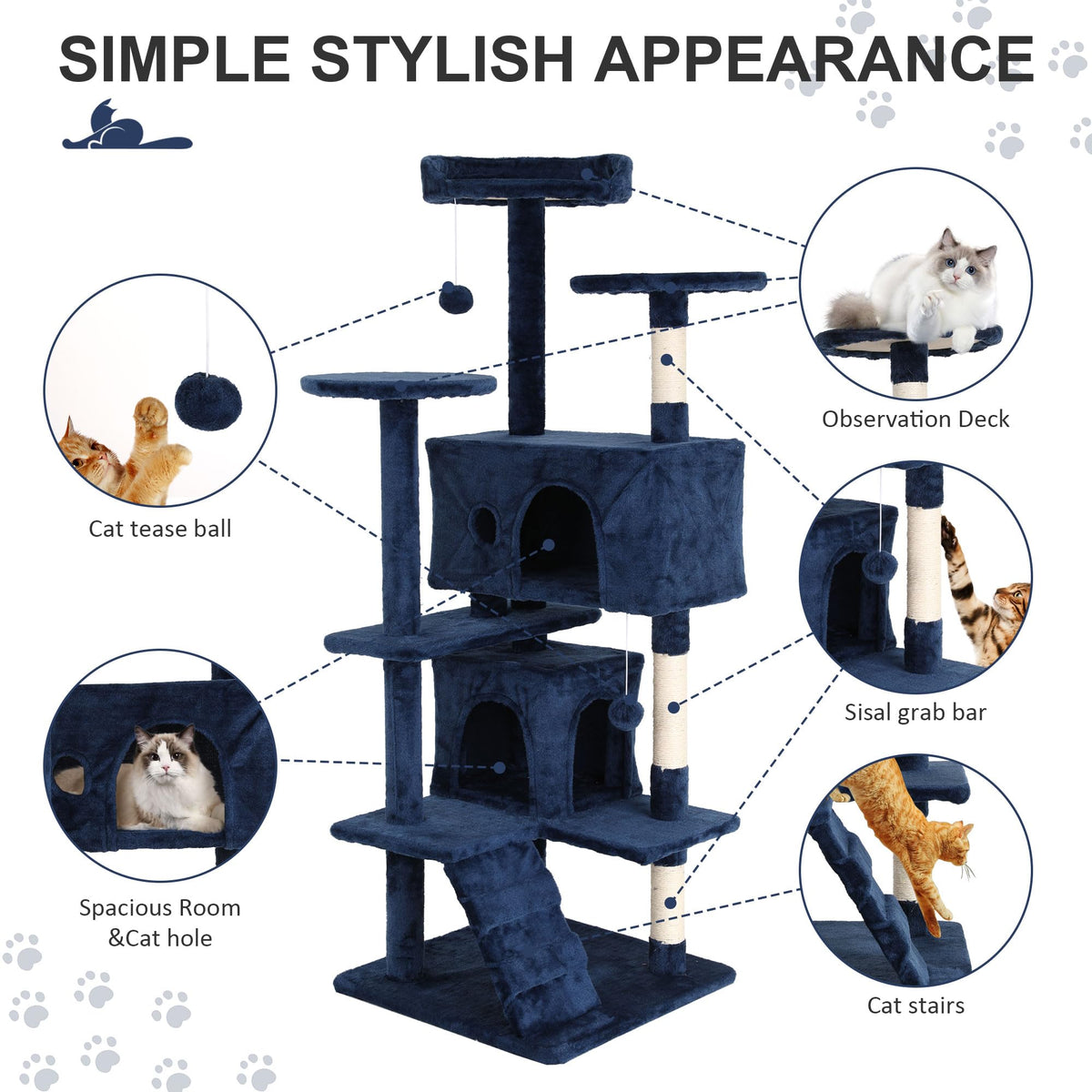 70 Inch Navy Blue Multi-Level Cat Tree with Scratching Posts D7662