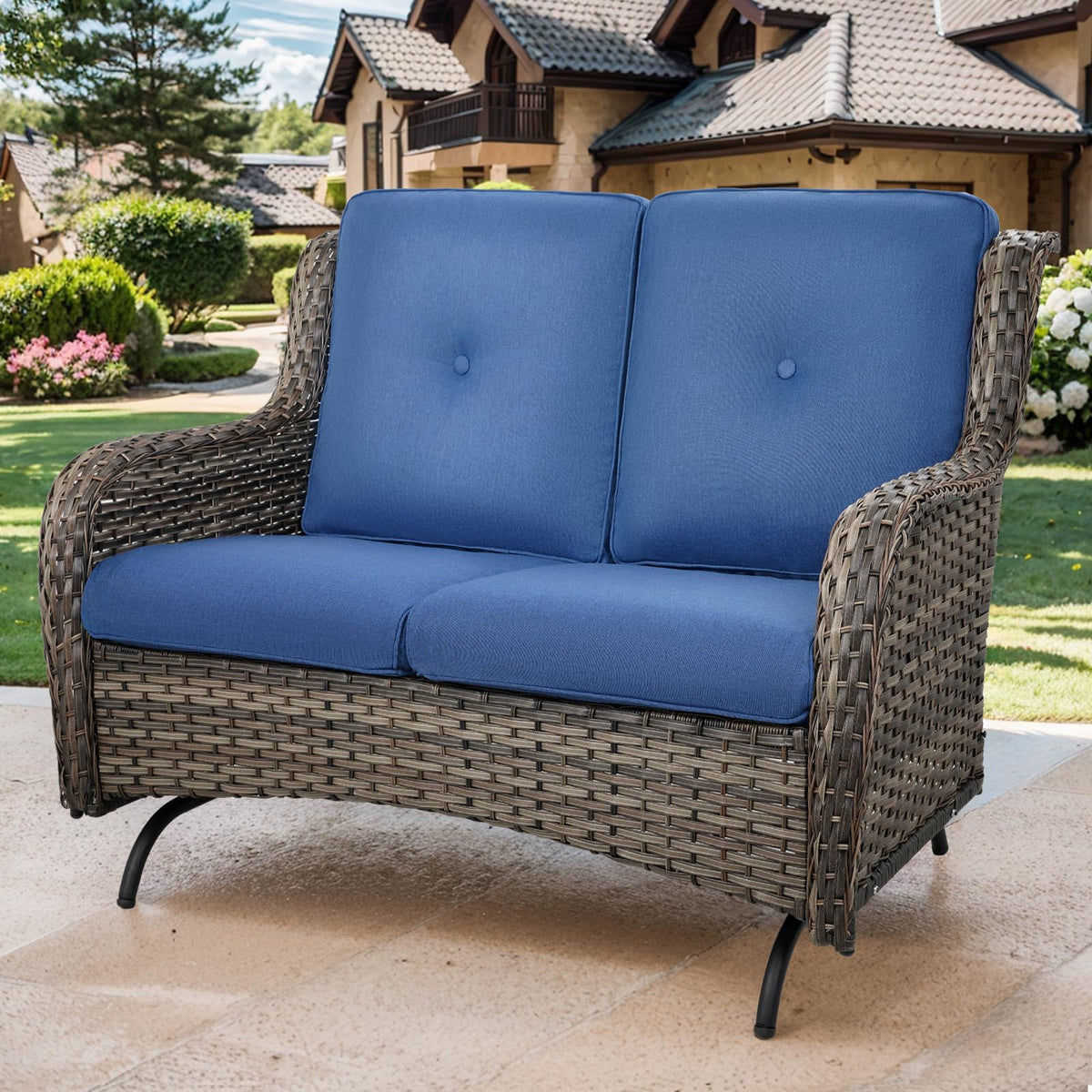 Grey Wicker Rattan Loveseat Glider with Blue Cushions F1941