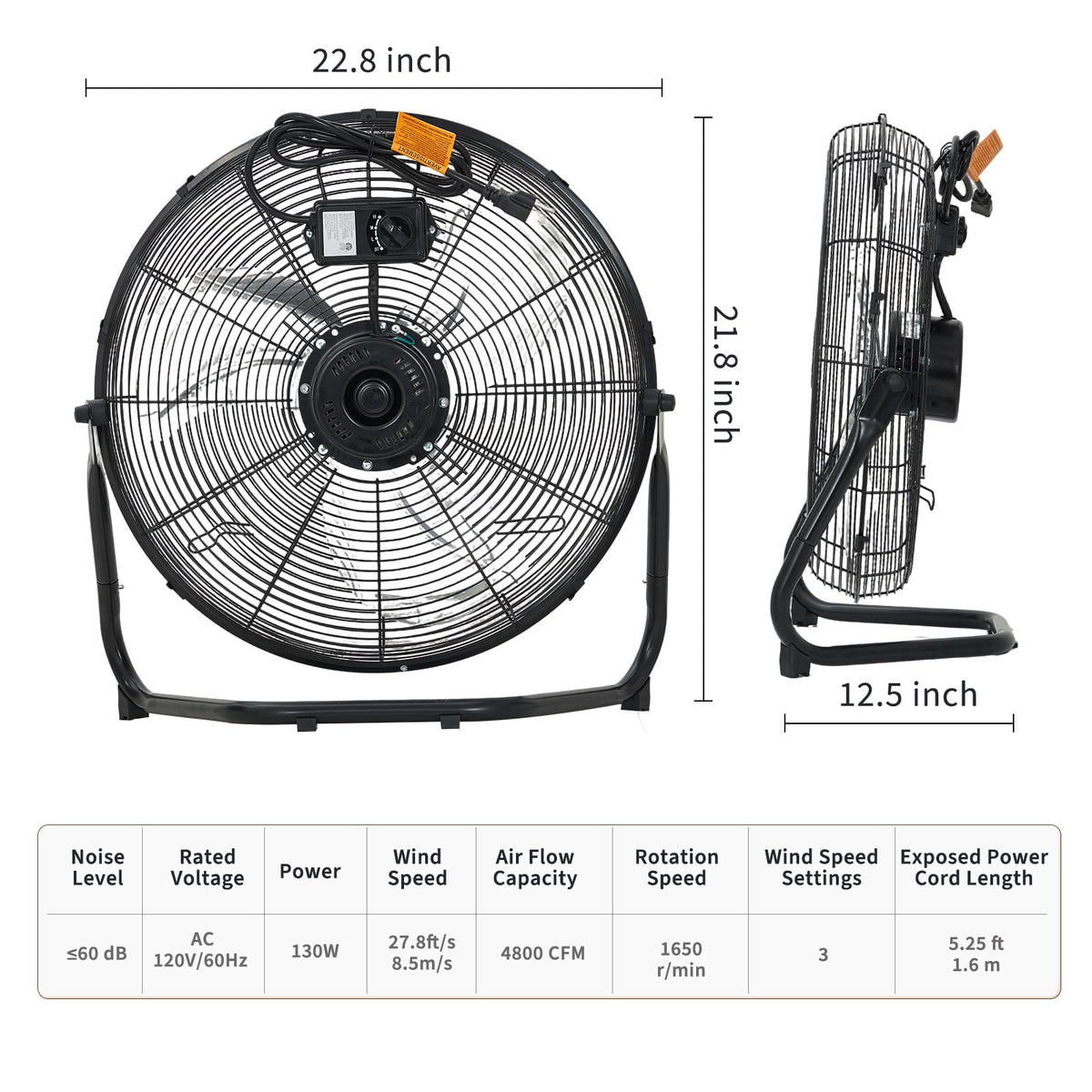 20 Inch 3 Speeds High Velocity Metal Floor Fan T1064